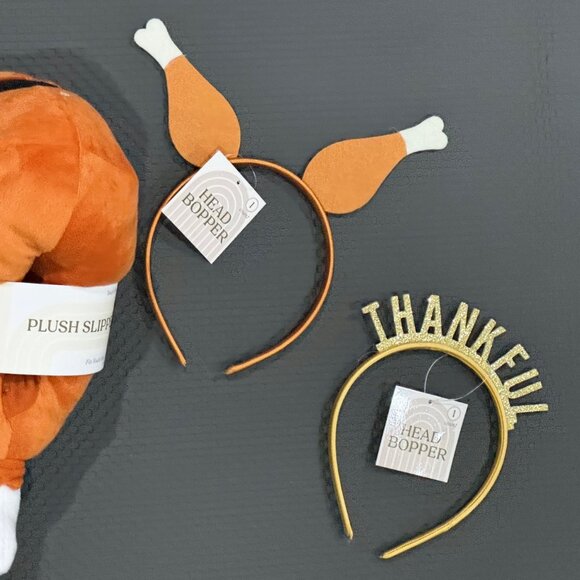 Thanksgiving Turkey Leg Plush Slippers (Adult & Youth Sizes) + Festive Headbands - Picture 3 of 7
